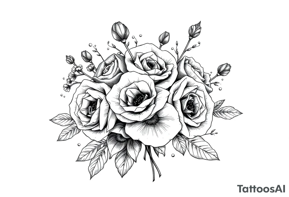 vintage bouquet of wild roses and meadow flowers with morning dew tattoo idea