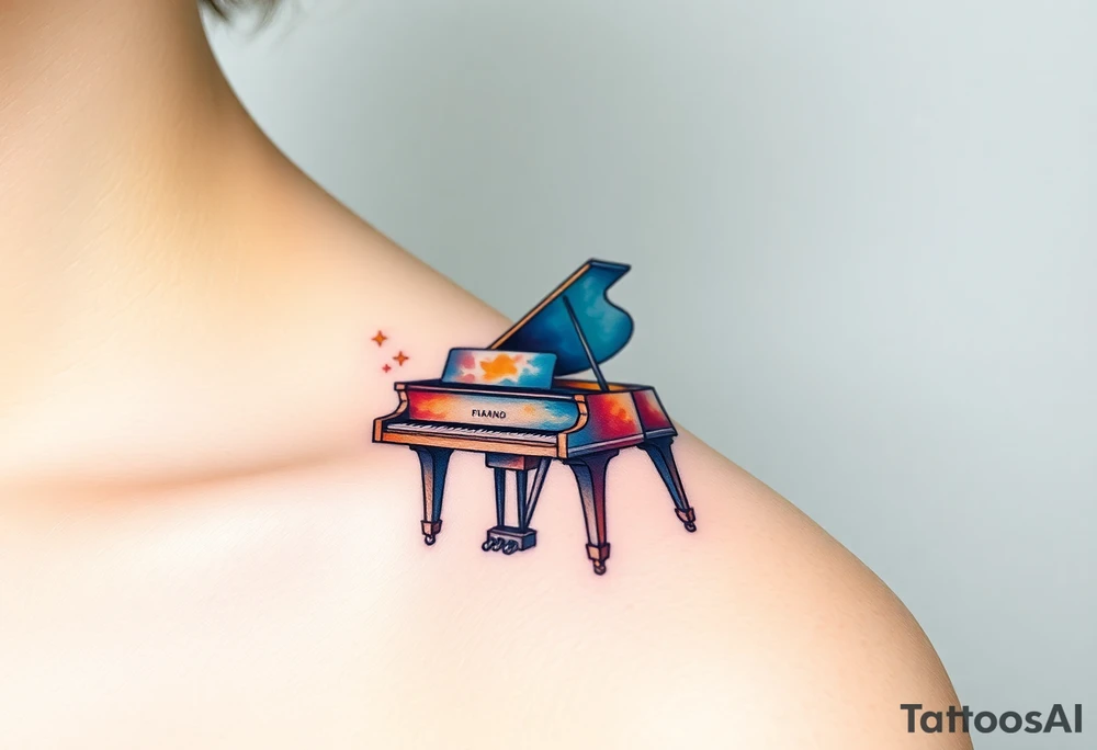 a grand piano under a swirl of stars tattoo idea