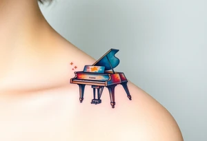 a grand piano under a swirl of stars tattoo idea