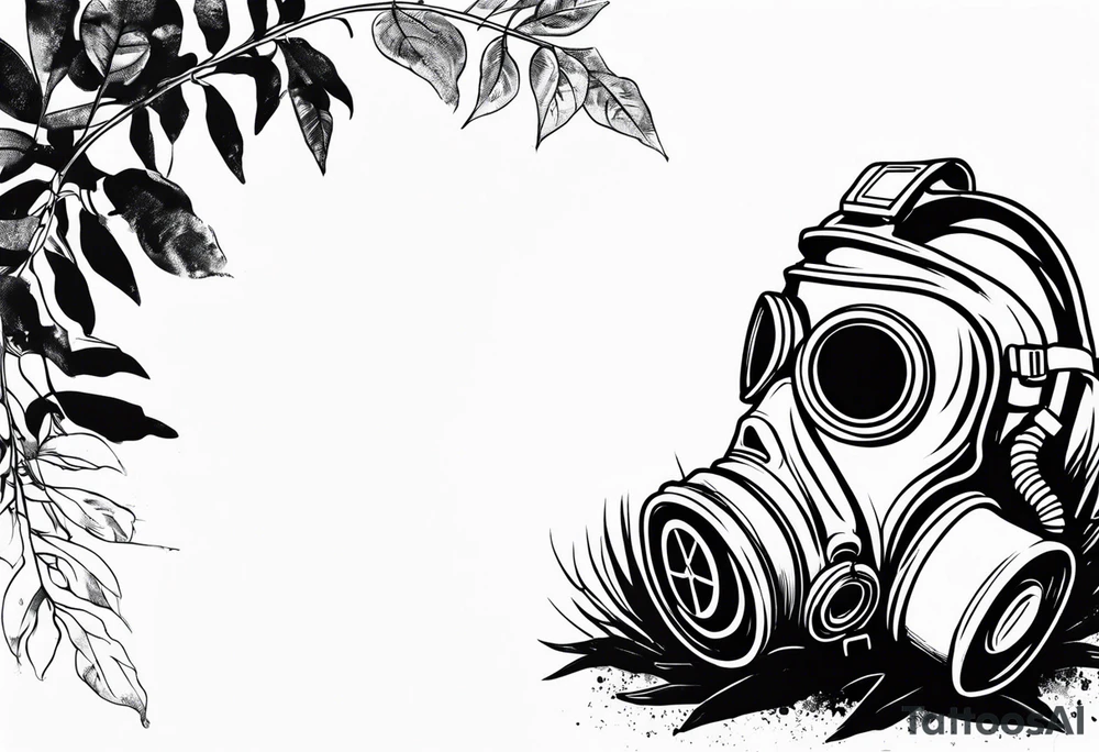 a dying plant in dirt with a gasmask next to it tattoo idea