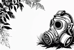 a dying plant in dirt with a gasmask next to it tattoo idea