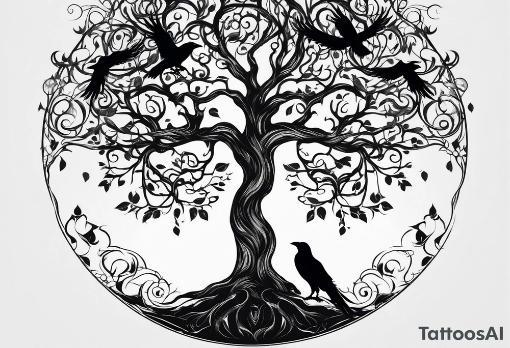 Tree of life with water, ravens, tattoo idea