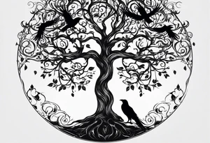 Tree of life with water, ravens, tattoo idea