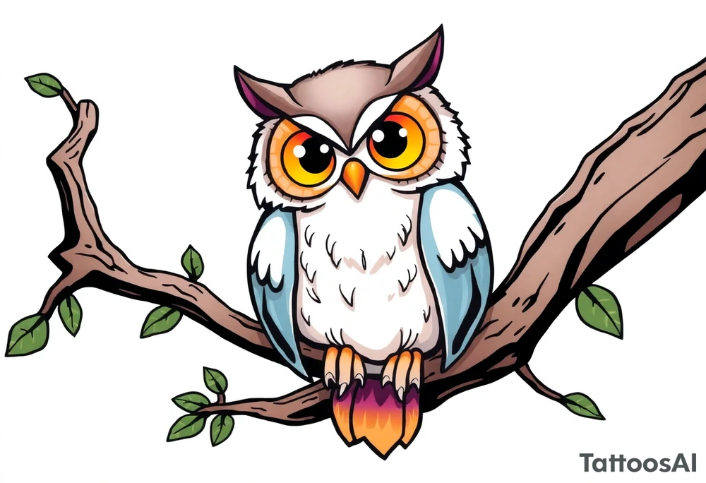 Cartoon style Owl with adorable eyes, perched on a tree limb tattoo idea