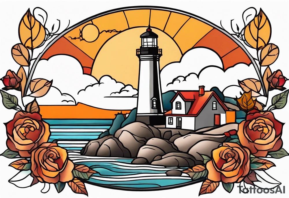 thigh tattoo in fall colors, showing lighthouse, water flow, rocks, sky, clouds, leaves, roses tattoo idea