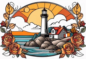 thigh tattoo in fall colors, showing lighthouse, water flow, rocks, sky, clouds, leaves, roses tattoo idea