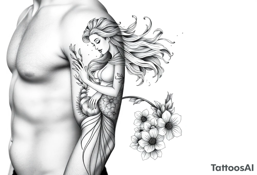ethereal mermaid with flowing hair among coral and sea flowers tattoo idea