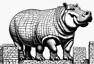 Hippopotamus standing upright and laying bricks onto a partially built brick wall tattoo idea