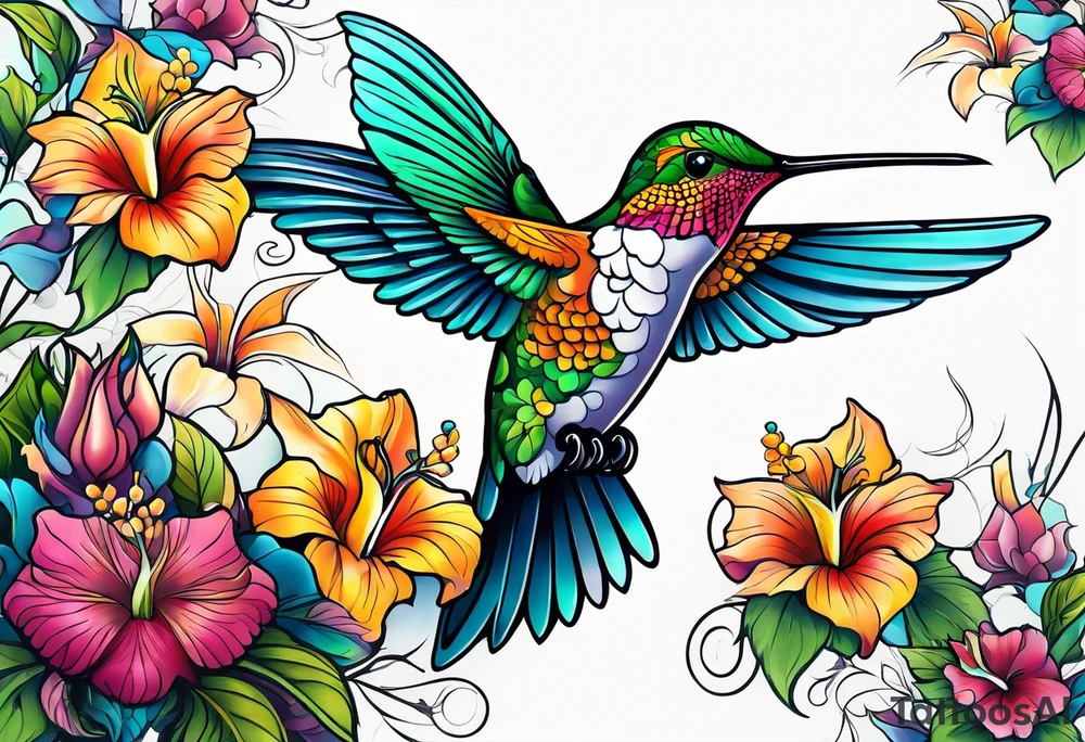 botanical, flowers, colorful, different, hummingbird tattoo idea