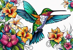 botanical, flowers, colorful, different, hummingbird tattoo idea