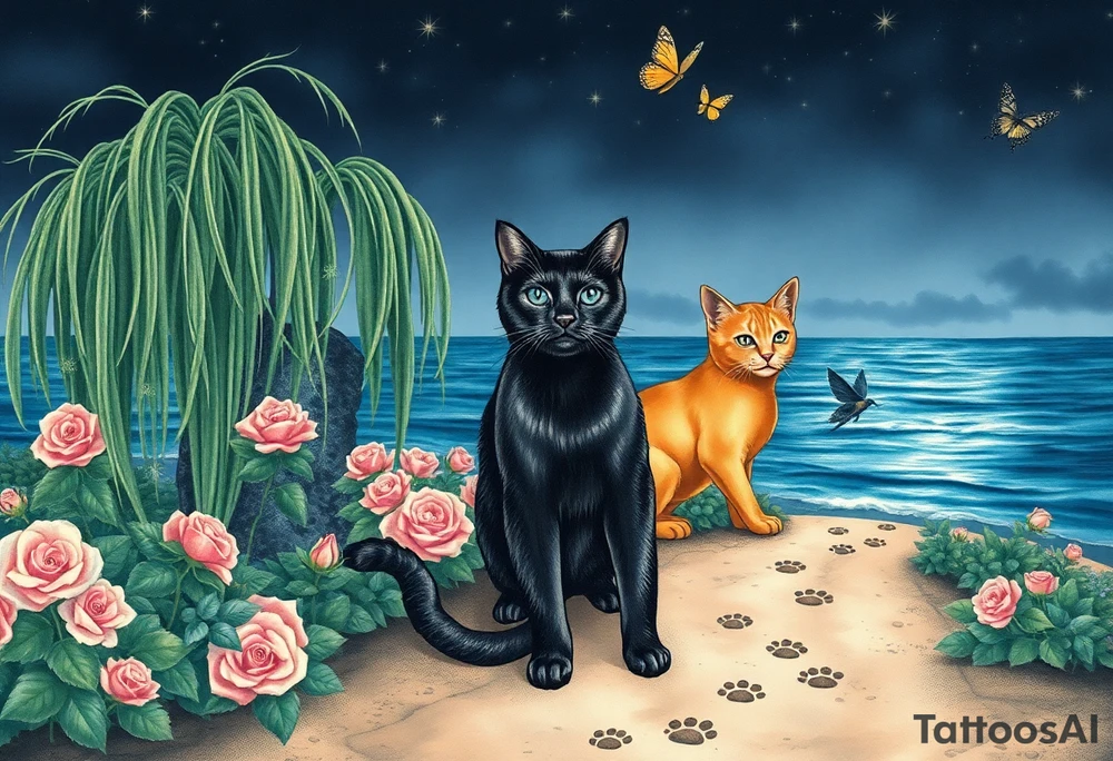 Night time. Ocean.  weeping willow garden with roses and liles flower beds. fantasy creatures, fairies, mermiads, dragons butterflies,  cat paw prints path in dirt. Black cat and orange cat tattoo idea