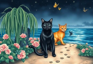Night time. Ocean.  weeping willow garden with roses and liles flower beds. fantasy creatures, fairies, mermiads, dragons butterflies,  cat paw prints path in dirt. Black cat and orange cat tattoo idea