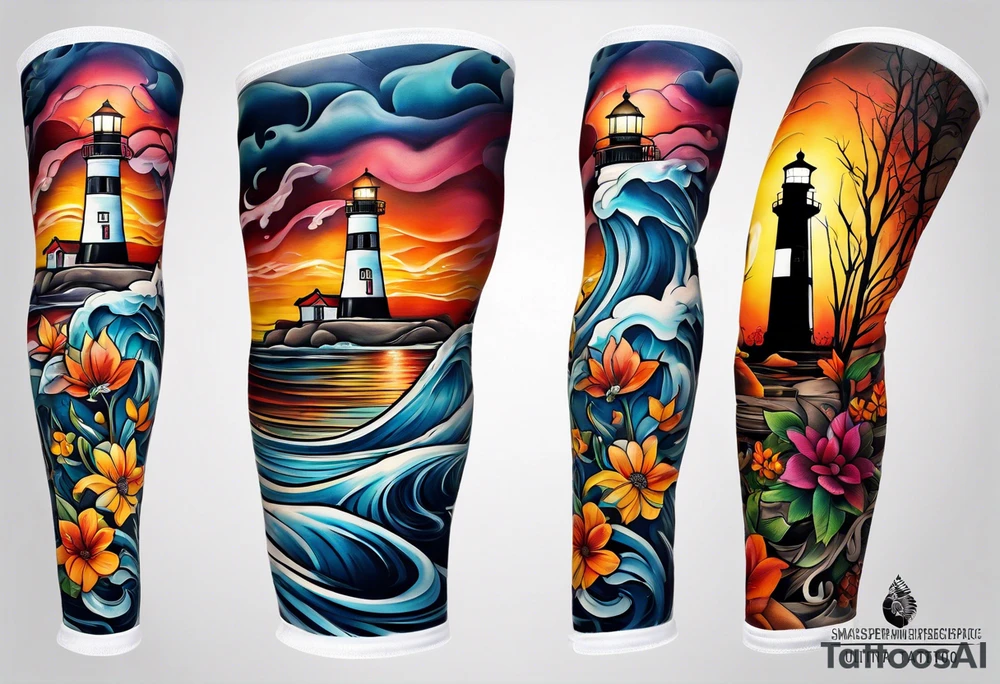 Arm sleeve with fall colors, various flowers, water flow, water splash, light house tattoo idea