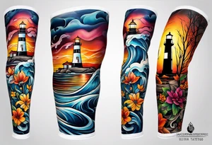 Arm sleeve with fall colors, various flowers, water flow, water splash, light house tattoo idea