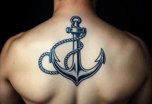 weathered anchor wrapped in nautical rope with sea waves tattoo idea