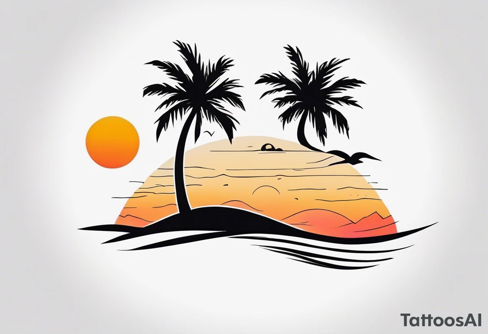 Palm tree with sunset and names in sand tattoo idea