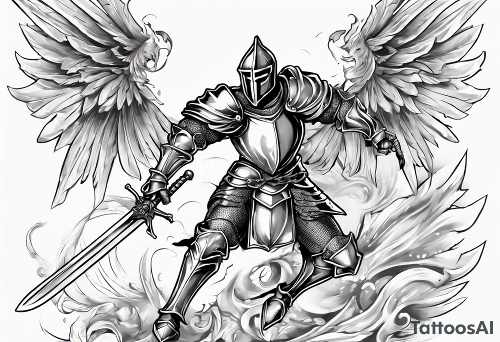 A Winged Paladin Knight in mid-air with his sword about to attack. tattoo idea