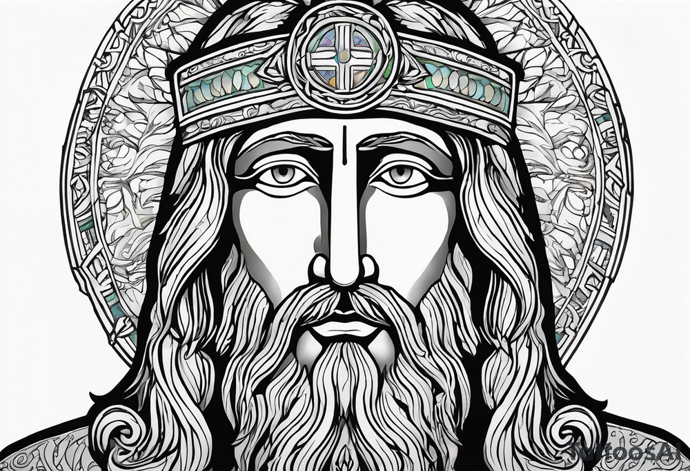 haloed head of a flat stern Byzantine Christ with all-demanding eyes. tattoo idea