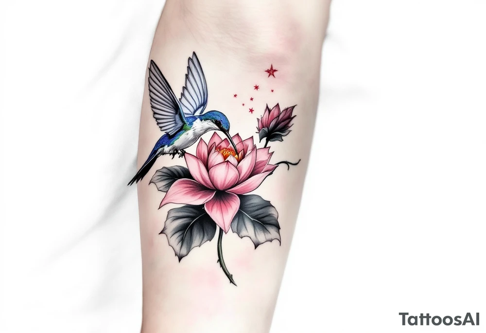 A Hummingbird Drinking from a Lotus Flower (only red, blue and black are possible colors) tattoo idea