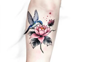 A Hummingbird Drinking from a Lotus Flower (only red, blue and black are possible colors) tattoo idea