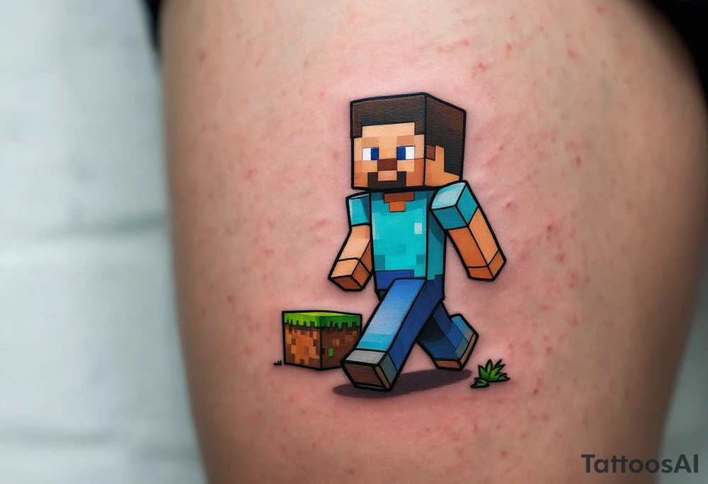 Small Minecraft Steve tattoo more vibrant colors more cartoonish walking very small tattoo idea