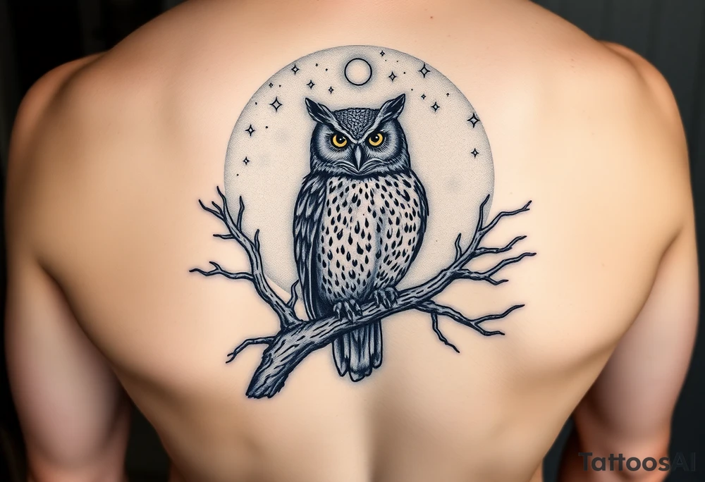 wise owl perched on ancient oak branch under starlit sky tattoo idea