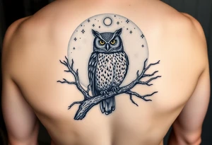 wise owl perched on ancient oak branch under starlit sky tattoo idea