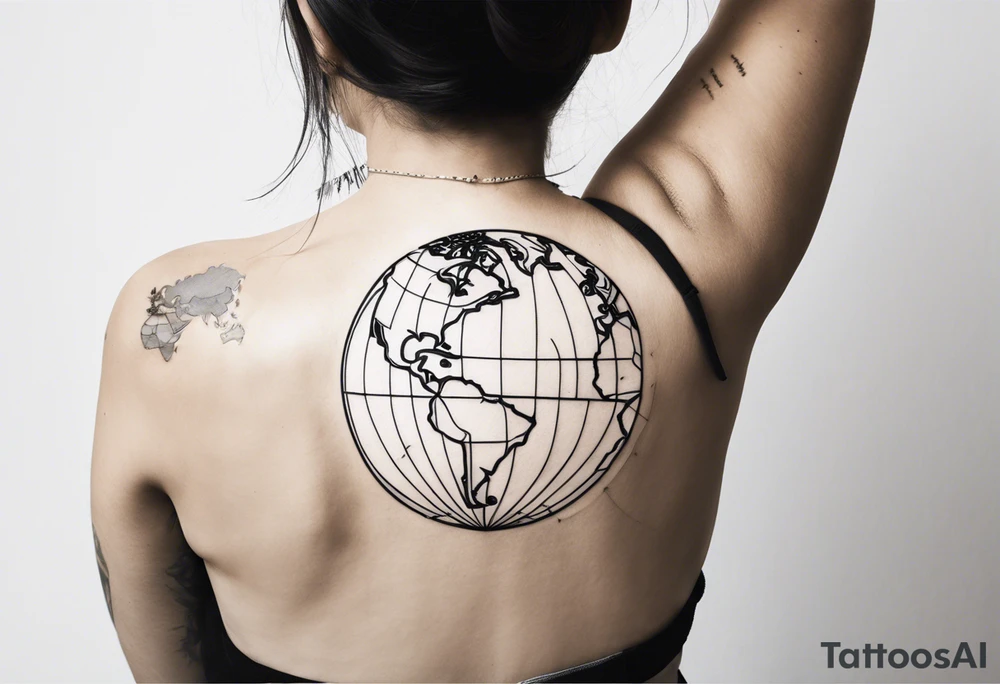 globe map single thin pen line blowing up tattoo idea