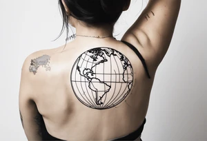globe map single thin pen line blowing up tattoo idea
