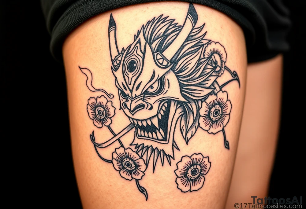 Big Rouge ronin to cover the entire thigh with smoke coming out of its mouth with 11b tattooed under its left eye with 1 poppy on each side of the ronin tattoo idea