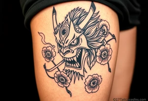 Big Rouge ronin to cover the entire thigh with smoke coming out of its mouth with 11b tattooed under its left eye with 1 poppy on each side of the ronin tattoo idea