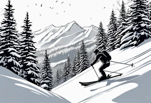 simple drawing of a 
tattoo of a snow skier skiing through trees showing ski trail tattoo idea