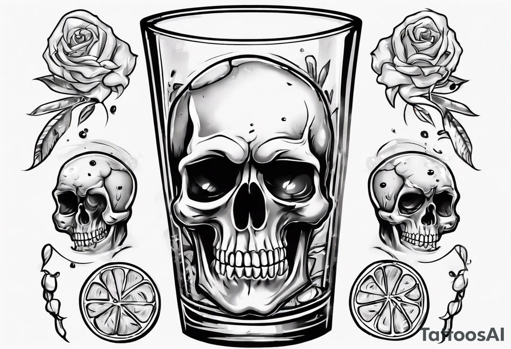 A smiling looking to the left scull inside the glass with alcohol and piece of lime tattoo idea