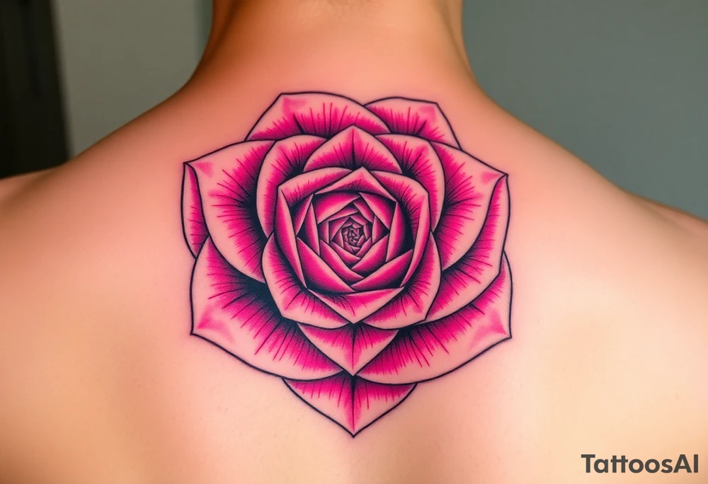 The pink rose appears as if viewed through a mesmerizing kaleidoscope, with its delicate petals radiating outward in a perfectly symmetrical, fractal-like pattern. Shades of soft blush and vibrant magenta blend seamlessly, creating a hypnotic, almost surreal visual effect that draws the eye deeper into its intricate layers. The petals seem to fold and reflect infinitely, forming geometric shapes that shift and transform, giving the rose an ethereal, dreamlike quality hand tattoo tattoo idea