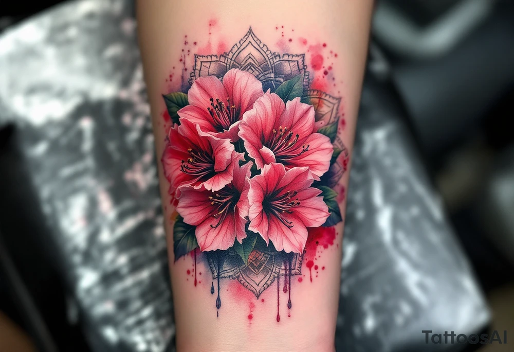 red rhododendron trippy with mandala behind tattoo idea