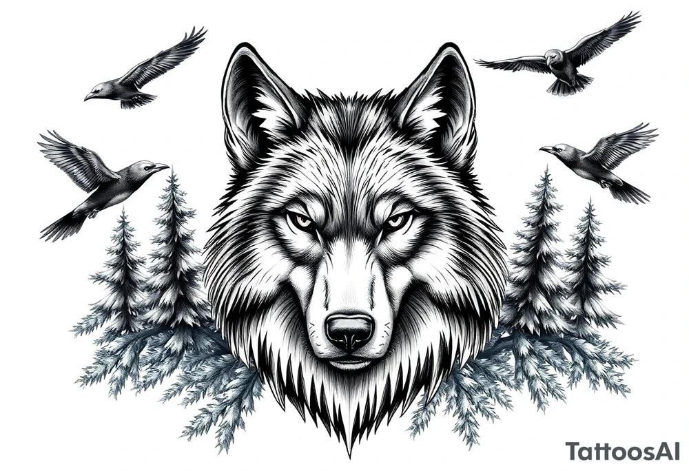 Wolf head surrounded by large pine trees and ravens flying overhead tattoo idea