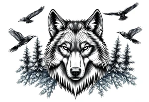 Wolf head surrounded by large pine trees and ravens flying overhead tattoo idea