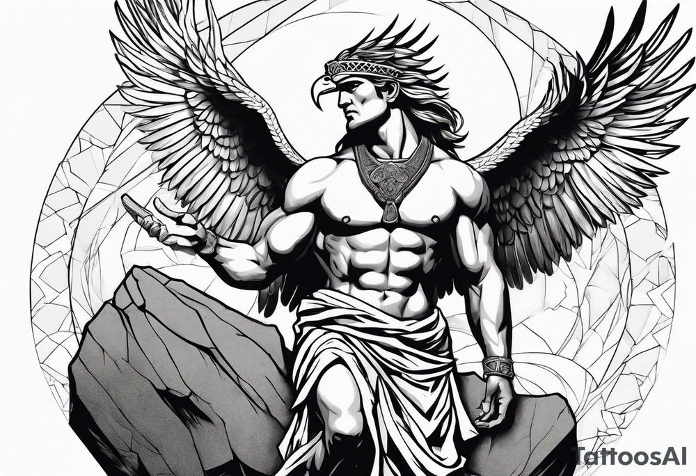 A greek god, chained to a Rock, Eagle flying over His head tattoo idea