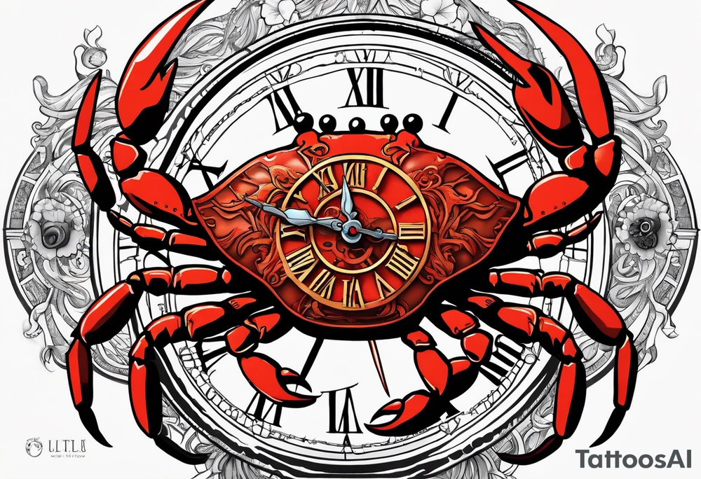 Zodiac crab with clock inside ree of life tattoo idea