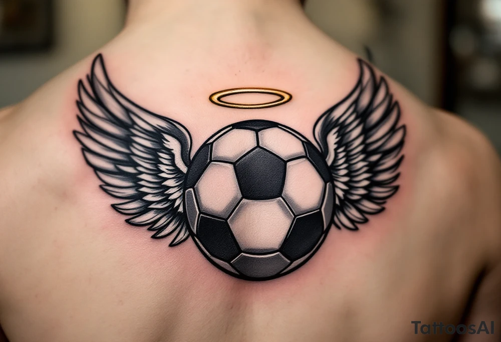 A black and gray soccer ball with angel wings and a golden halo above. tattoo idea