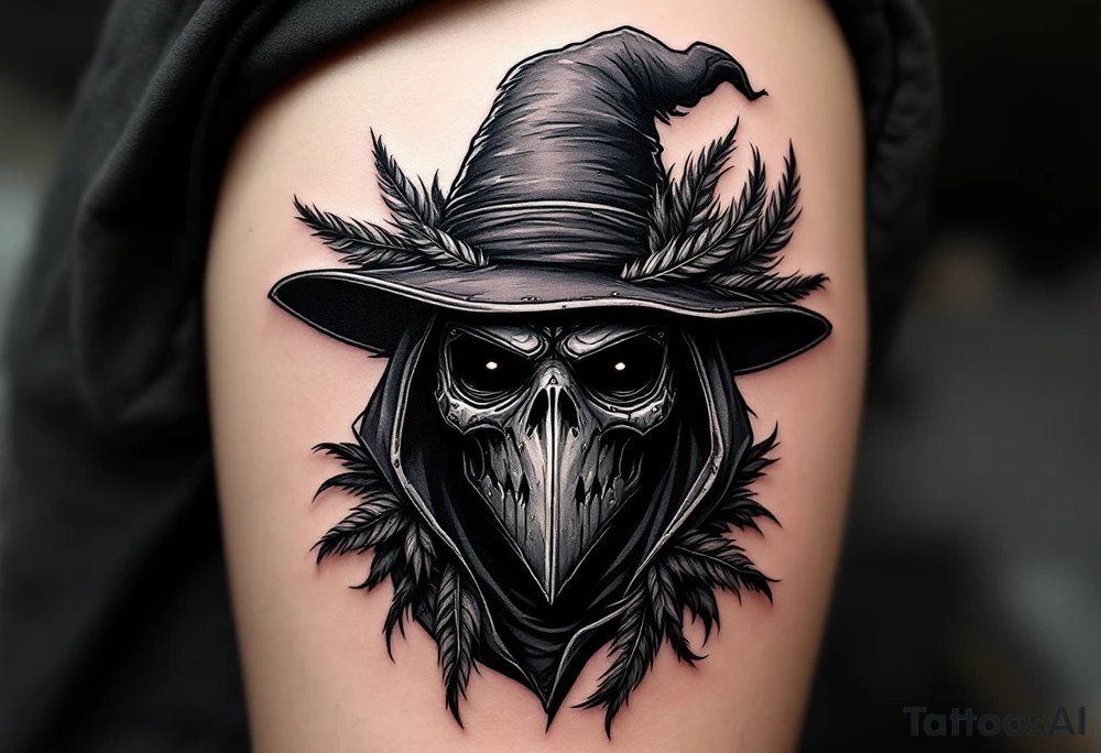Plague Doctor with Crow Feathers – A mysterious doctor with crow feathers woven into the edges of the hat and cloak. The mask is dark gray with weathered metal detailing, and the eyes reflect dim light from a distant source. tattoo idea