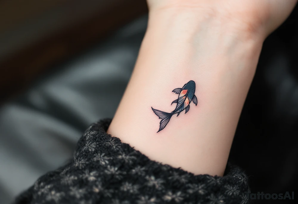 Delicate tiny fish tattoo — a single, 2 cm‑long koi silhouette swimming upward, inked in soft charcoal gray with a subtle watercolor wash of muted coral along the fins and a whisper of pale teal on the tail, conveying quiet resilience and flow. tattoo idea