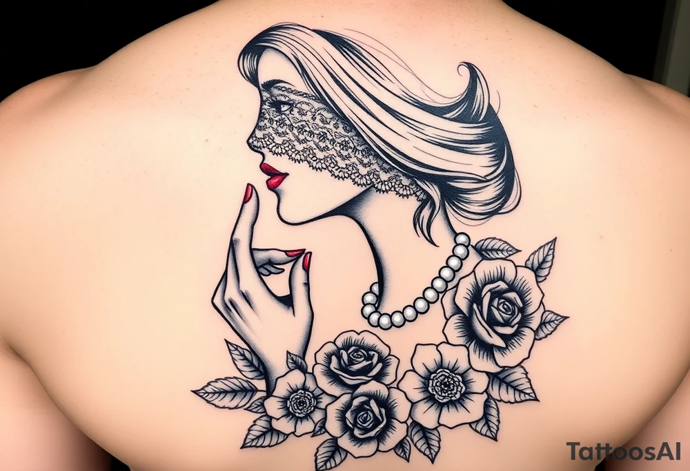 Black and white profile of woman with chin pressed on hand, hate with lace covering her eyes, pearl necklace in her mouth with red lips flowers around her with one red rose standing out thigh tattoo tattoo idea