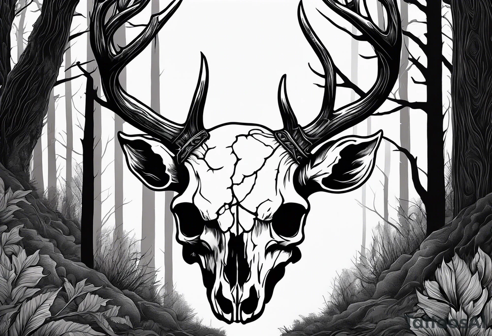 A frightening horror DECAYING deer skull JUST BONE FROM THE SIDE surrounded by a forest fire in background tattoo idea