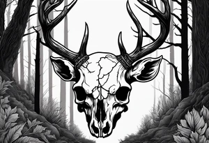 A frightening horror DECAYING deer skull JUST BONE FROM THE SIDE surrounded by a forest fire in background tattoo idea