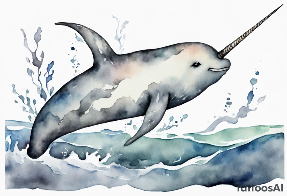 a watercolor painting of a narwhal in a grey sea tattoo idea