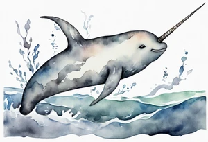 a watercolor painting of a narwhal in a grey sea tattoo idea