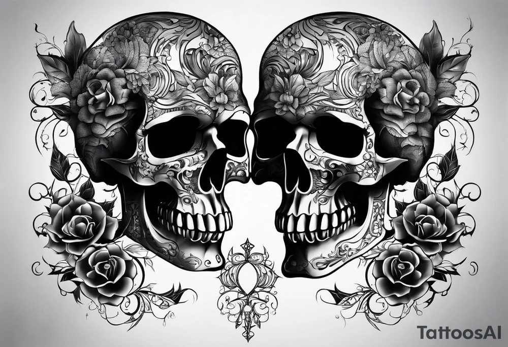 Two 1911 facing away from each other that create a terrifying skull tattoo idea