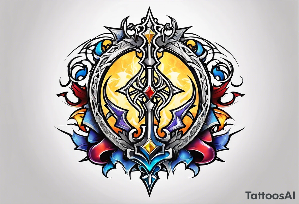 Kingdom Hearts symbol, keyblades, characters, worlds unite in intricate masterpiece. tattoo idea