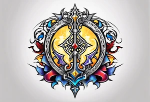 Kingdom Hearts symbol, keyblades, characters, worlds unite in intricate masterpiece. tattoo idea